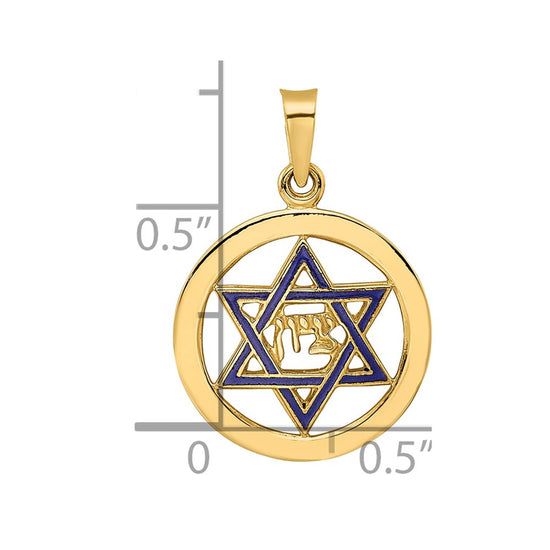 14k Polished Blue Enameled Solid Star of David in Circle Pendant