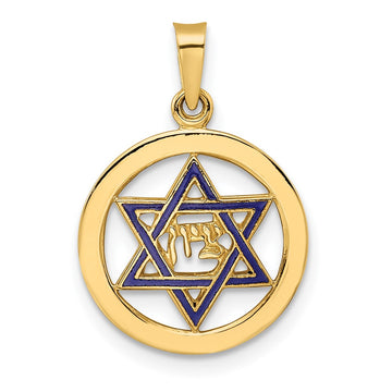 14k Polished Blue Enameled Solid Star of David in Circle Pendant