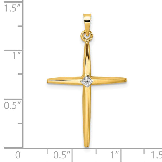 14k Two-tone Polished Solid Diamond Shape Center Cross Pendant