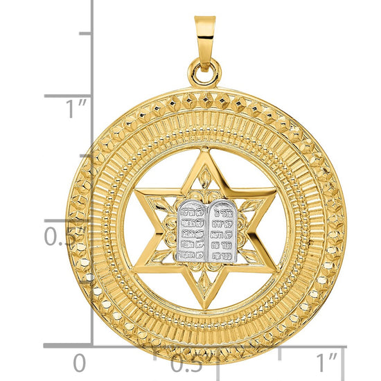 14k Two-tone Solid Star of David and Torah Inside Round Frame Pendant