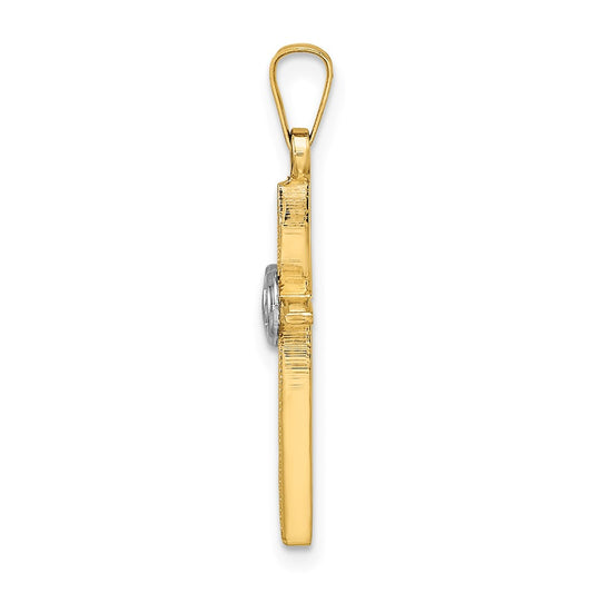 14k Two-tone Polished and Satin Solid Double Ring Cross Pendant