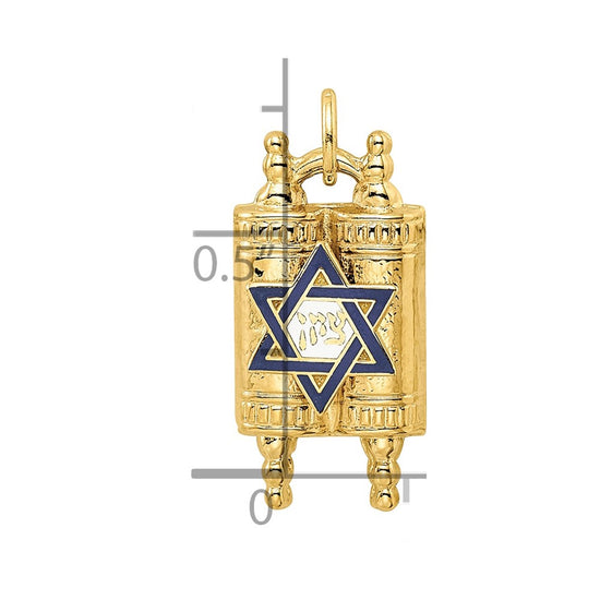 14k Polished Solid Torah with Blue and White Enameled Star of David Pendant