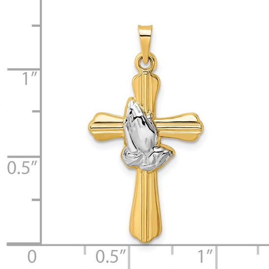 14k and White Rhodium Polished Hollow Praying Hands Cross Pendant