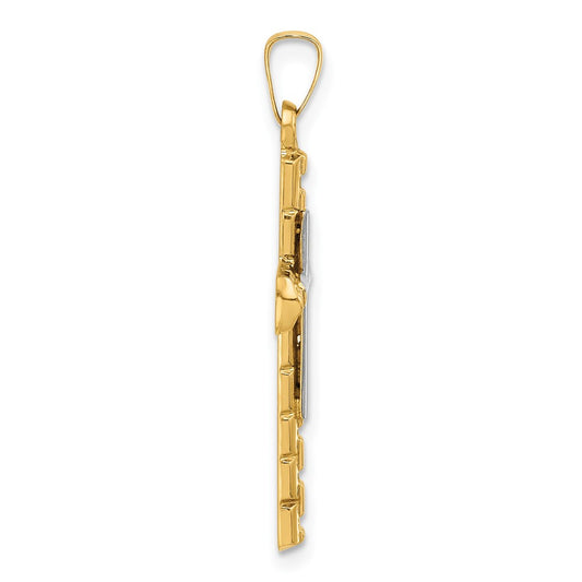 14k Two-Tone Textured and Polished Hollow Latin Cross Pendant