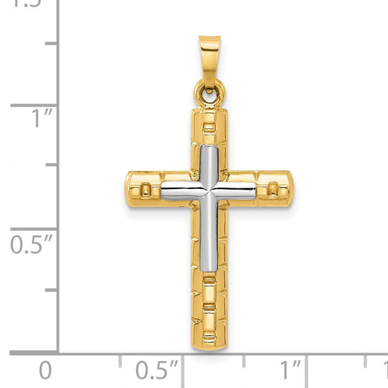 14k Two-Tone Textured and Polished Hollow Latin Cross Pendant