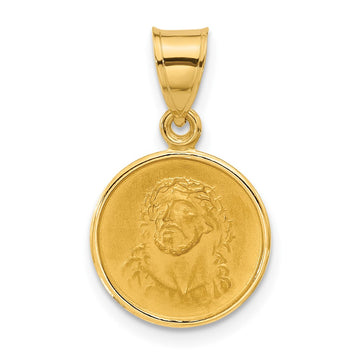 14k Polished and Satin Solid Face of Jesus Medal Round Pendant