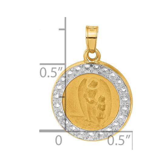 14K and White Rhodium Polished and Satin Hollow Our Guardian Angel Medal Pendant
