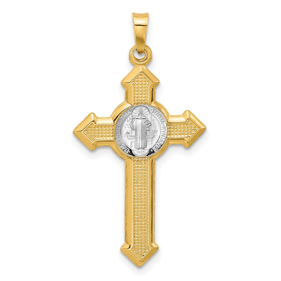 14k Two-tone Textured Hollow Budded St Benedict Cross Pendent