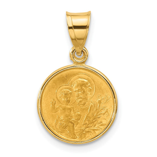 14k Polished and Satin Solid St Joseph Medal Round Pendant