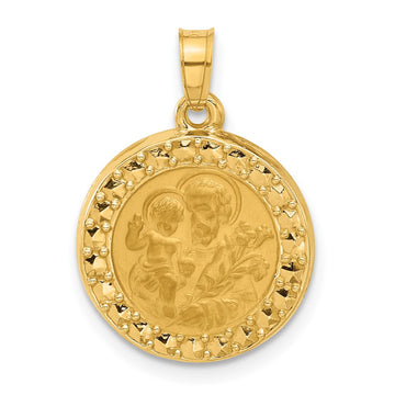 14K Polished and Satin Hollow St. Joseph Medal Round Pendant