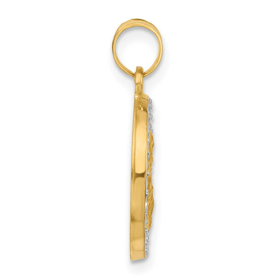 14K with White Rhodium Polished and Satin Hollow St. Joseph Medal Round Pendant