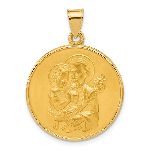 14k Polished and Satin Solid Large St Joseph Medal Round Pendant