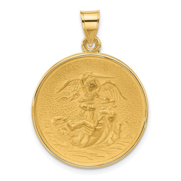 14k Polished and Satin Solid Large St. Michael Medal Round Pendant