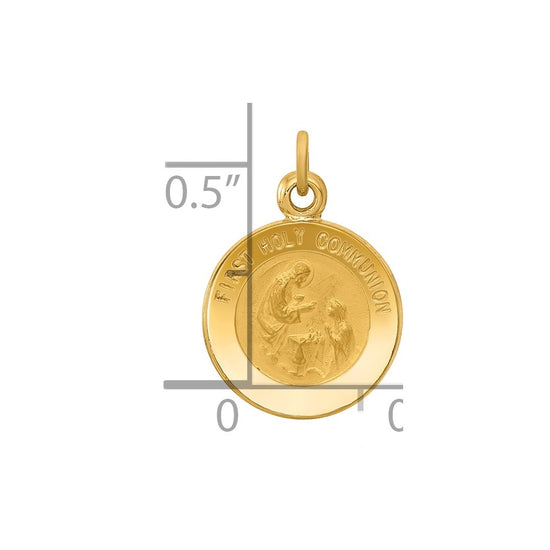 14k Polished and Satin Solid FIRST HOLY COMMUNION Medal Round Charm