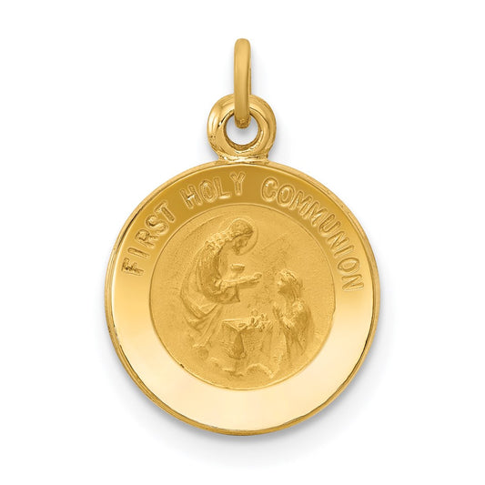 14k Polished and Satin Solid FIRST HOLY COMMUNION Medal Round Charm