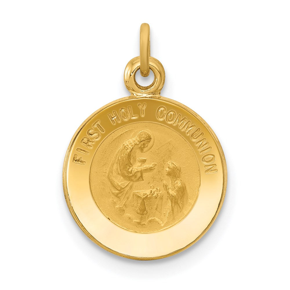 14k Polished and Satin Solid FIRST HOLY COMMUNION Medal Round Charm