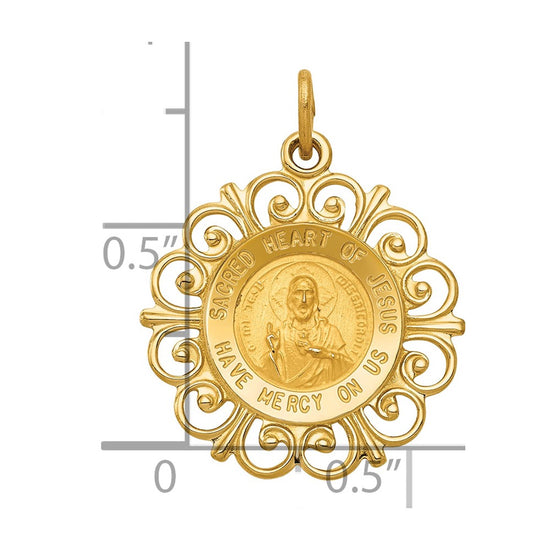 14k Polished and Satin Solid Sacred Heart of Jesus Medal Scalloped Edge Round Charm