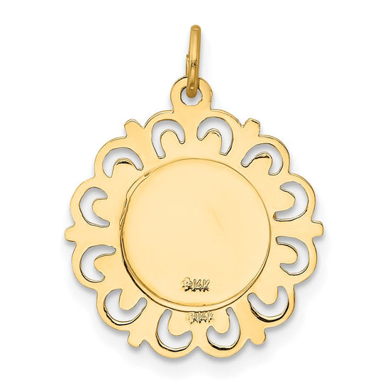 14k Polished and Satin Solid Saint Christopher Medal Scalloped Edge Round Charm