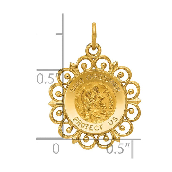 14k Polished and Satin Solid Saint Christopher Medal Scalloped Edge Round Charm