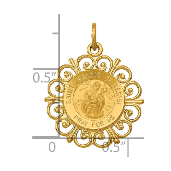 14k Polished and Satin Solid Saint Francis of Assisi Medal Scalloped Edge Round Pendant