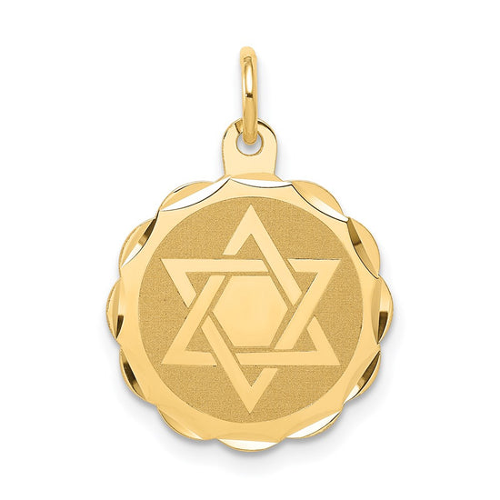 14k Solid Star of David Round Disc with Scalloped Edge Charm
