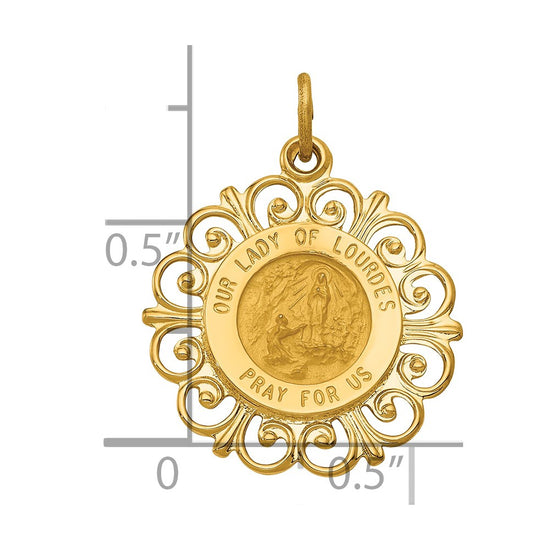 14k Polished and Satin Solid Our Lady of Lourdes Medal Scalloped Edge Round Pendant