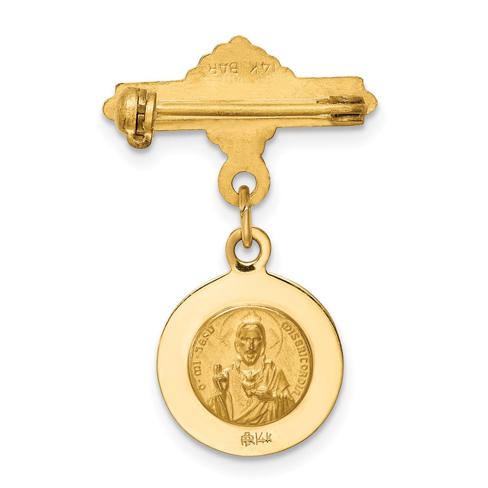 14k Polished and Satin Solid Reversible Queen of the Holy Scapular and Sacred Heart Medal Pin