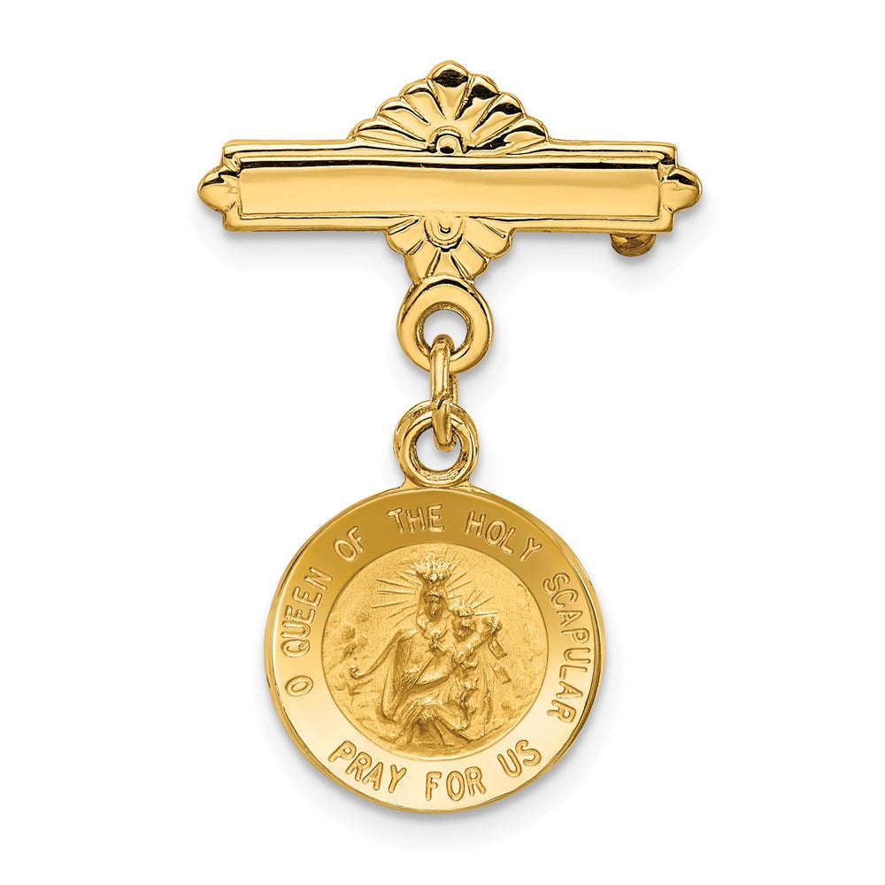 14k Polished and Satin Solid Reversible Queen of the Holy Scapular and Sacred Heart Medal Pin