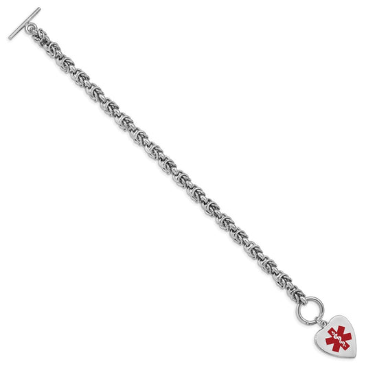 Sterling Silver Rhodium-plated Byzantine Link Engravable Red Enamel 23x18mm Heart Disc 7.75 inch Medical ID Bracelet