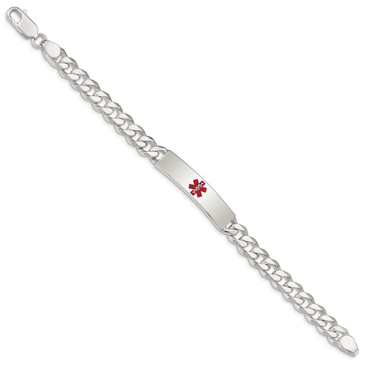 Sterling Silver Polished Curb Link Centered Red Enamel 37x9mm Plate 8.5 inch Medical ID Bracelet