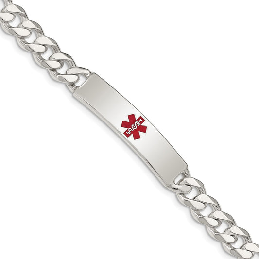 Sterling Silver Polished Curb Link Centered Red Enamel 37x9mm Plate 8.5 inch Medical ID Bracelet