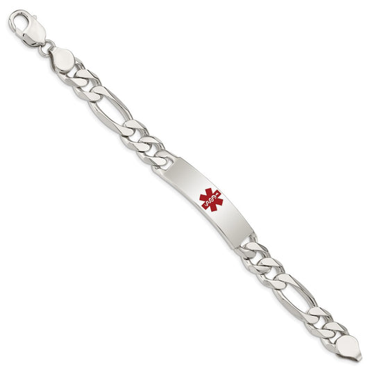 Sterling Silver Polished Figaro Link Centered Red Enamel 41x11mm Plate 8.5 inch Medical ID Bracelet