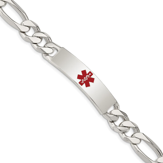 Sterling Silver Polished Figaro Link Centered Red Enamel 41x11mm Plate 8.5 inch Medical ID Bracelet