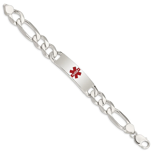 Sterling Silver Polished Figaro Link Centered Red Enamel 42x13mm Plate 8.5 inch Medical ID Bracelet