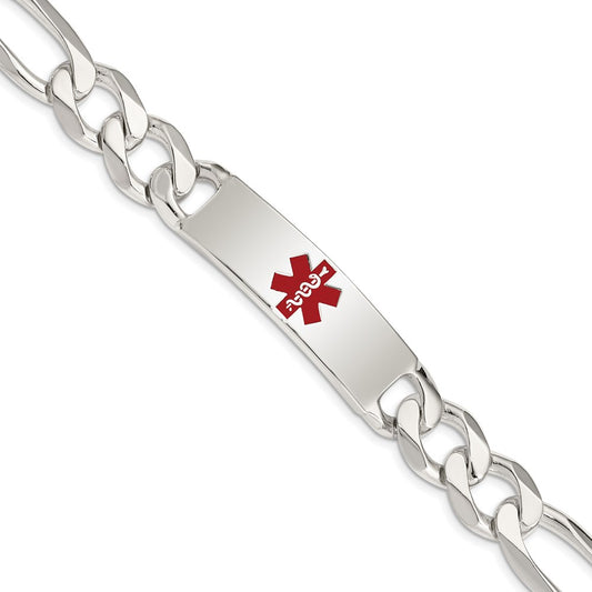 Sterling Silver Polished Figaro Link Centered Red Enamel 42x13mm Plate 8.5 inch Medical ID Bracelet