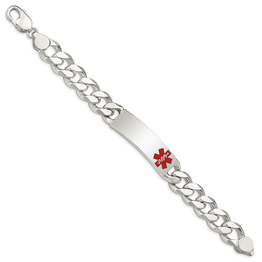 Sterling Silver Polished Curb Link Off-Center Red Enamel 43x13mm Plate 8.5 inch Medical ID Bracelet