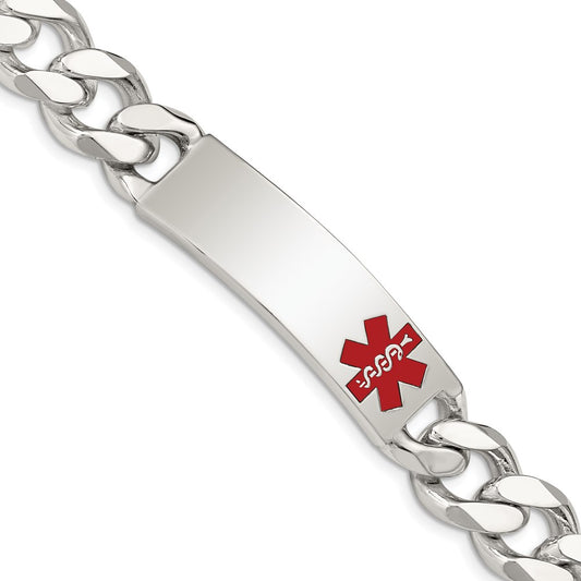 Sterling Silver Polished Curb Link Off-Center Red Enamel 43x13mm Plate 8.5 inch Medical ID Bracelet