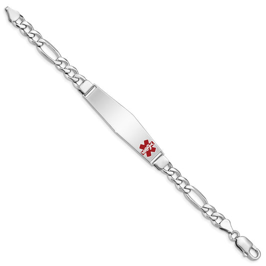 Sterling Silver Rhodium-plated Figaro Link Off-Center Red Enamel 50x13mm Plate 7 inch Medical ID Bracelet