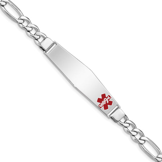 Sterling Silver Rhodium-plated Figaro Link Off-Center Red Enamel 50x13mm Plate 7 inch Medical ID Bracelet