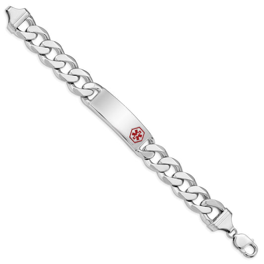 Sterling Silver Rhodium-plated Curb Link Off-Center Red Enamel 40x15mm Plate 8 inch Medical ID Bracelet