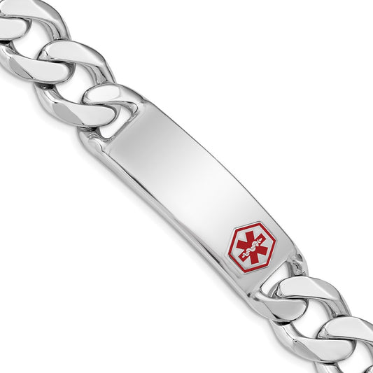 Sterling Silver Rhodium-plated Curb Link Off-Center Red Enamel 40x15mm Plate 8 inch Medical ID Bracelet