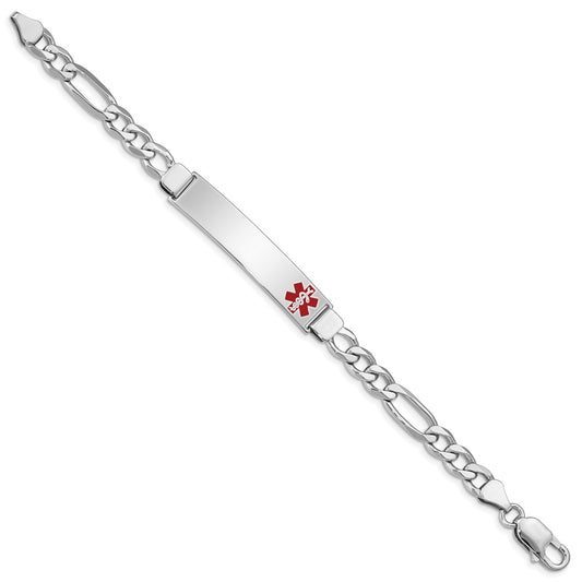 Sterling Silver Rhodium-plated Figaro Link Off-Center Red Enamel 43x9mm Plate 8 inch Medical ID Bracelet