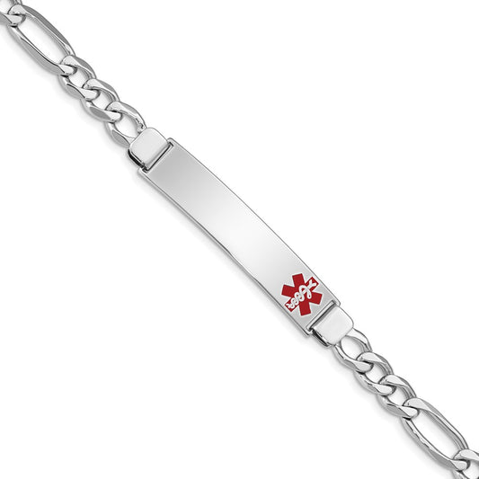 Sterling Silver Rhodium-plated Figaro Link Off-Center Red Enamel 43x9mm Plate 8 inch Medical ID Bracelet
