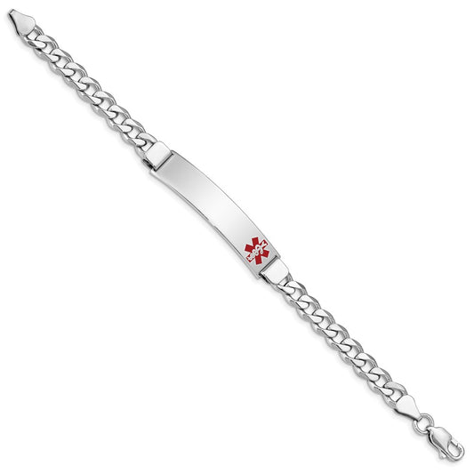 Sterling Silver Rhodium-plated Curb Link Off-Center Red Enamel 43x9mm Plate 7 inch Medical ID Bracelet