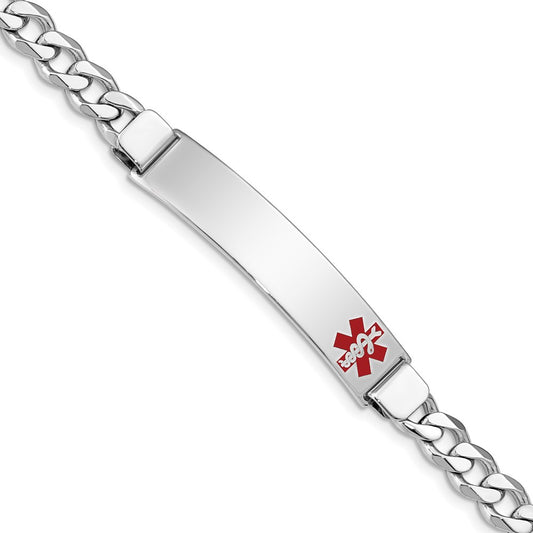 Sterling Silver Rhodium-plated Curb Link Off-Center Red Enamel 43x9mm Plate 7 inch Medical ID Bracelet