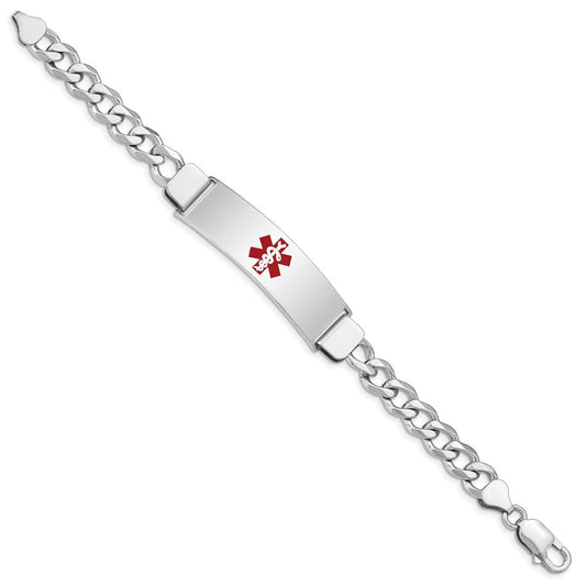 Sterling Silver Rhodium-plated Curb Link Centered Red Enamel 45x12mm Plate 7 inch Medical ID Bracelet