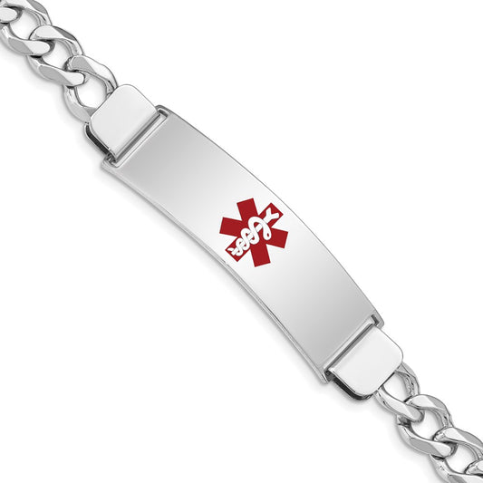 Sterling Silver Rhodium-plated Curb Link Centered Red Enamel 45x12mm Plate 7 inch Medical ID Bracelet