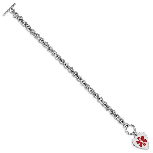 Sterling Silver Rhodium-plated Rolo Link Engravable Red Enamel 23x18mm Heart Disc 8.75 inch Medical ID Bracelet