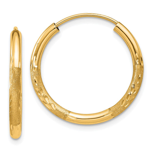 14k 2x20mm Satin Diamond-cut Endless Tube Hoop Earrings