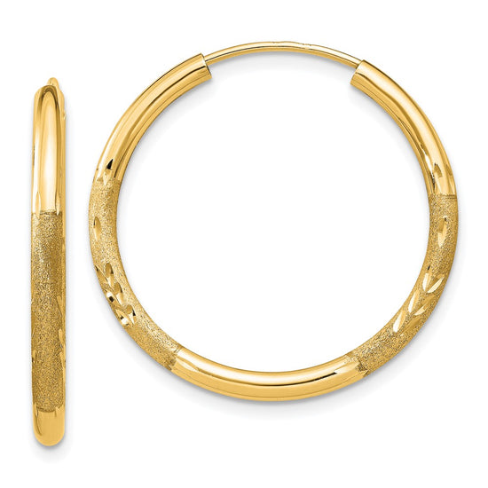 14k 2x25mm Satin Diamond-cut Endless Tube Hoop Earrings